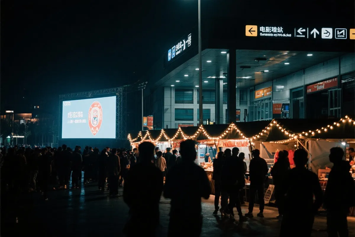 费城球迷广场夜景：大屏观赛人群、步行指示牌与公共交通入口